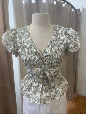 Tie-Front Smocked Peplum Blouse in Sage Green floral